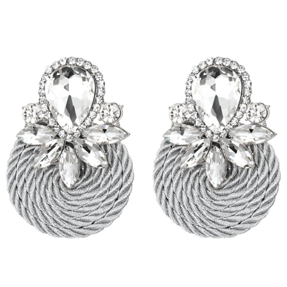 Silver with White Diamond Crystal Floral Cluster Rattan Post Statement Earrings
